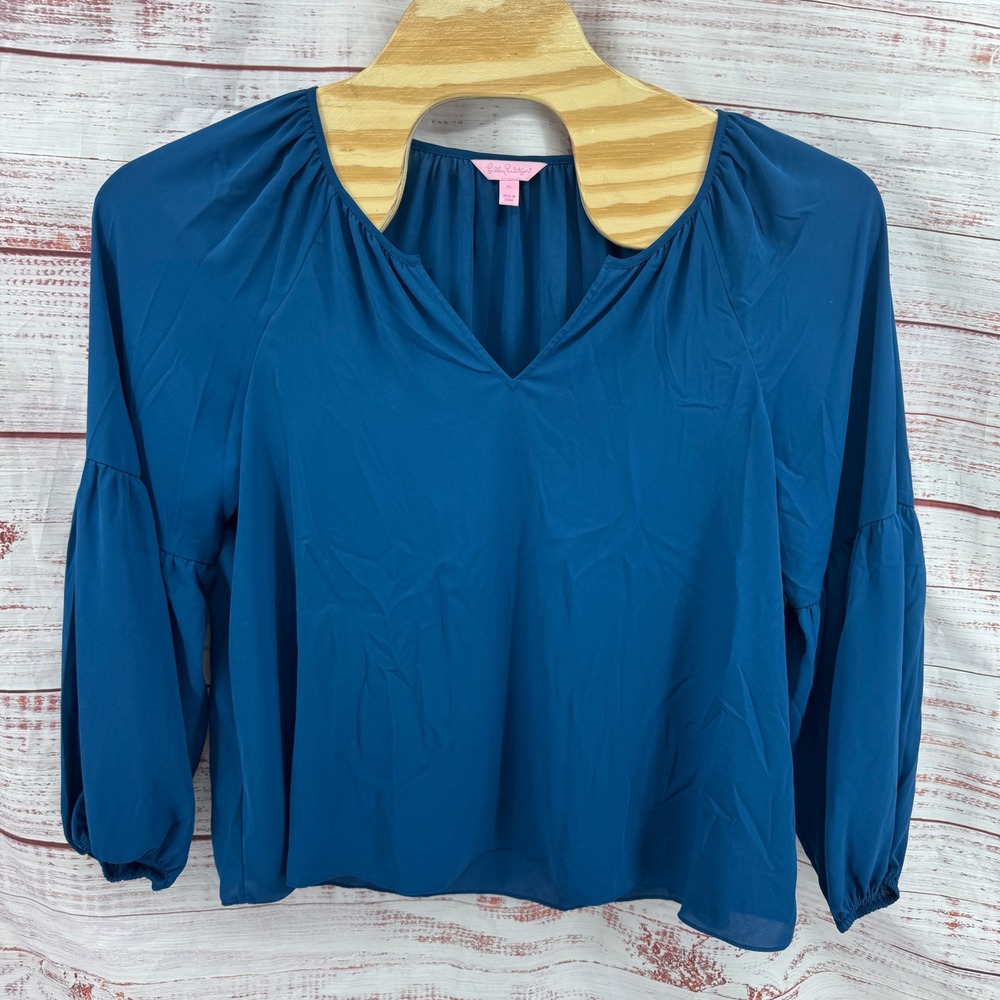 Lilly Pulitzer Shirt XL Teal Blue Split Neck Bishop Sleeve Blouse Solid Pullover